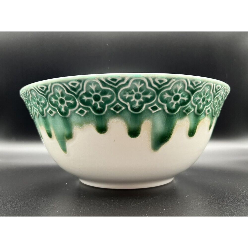 Pier 1 Imports Drip Glaze 9.5” Stoneware Serving Mixing Bowl Teal Green & White